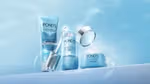 Three Pond’s Hydra Miracle Ultra Light products. Blue with silver accents. A bottle of serum is open, the pipette is visible.