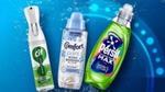 Three household cleaning and laundry products, Cif, Comfort and Persil, displayed against a bright blue background with water bubbles.