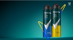 Antiperspirant deodorant sprays from Rexona’s 72-hour range. The cans are dark green, one with blue accents, one with yellow