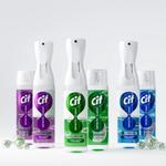 The image shows three Cif cleaning products in plastic spray bottles with refill packs shown alongside. There are three different product variants with purple, green and blue labels.