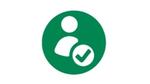 Green circular icon with a white silhouette of a person and a checkmark in a smaller overlapping circle, symbolizing user verification or account approval.