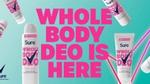 Several Sure Whole Body Deo products in random positions on a green background. The words “Whole body deo is here” together with the Sure logo and a large pink tick are shown on screen.