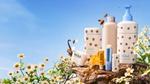 A display of Wild personal care products on a rock, surrounded by daisies with a blue sky.