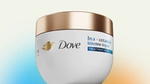A white Dove treatment mask container with a metallic gold lid. The label shows the Dove logo and the text ‘hya + ceramide intense repair treatment mask’ on a clean, gradient background.”
