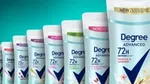A row of Degree stick deodorants displaying our 72-hour protection technology sticker.