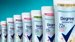 A row of Degree stick deodorants displaying our 72-hour protection technology sticker.