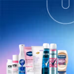Unilever Q1 2026 results graphic featuring a lineup of Unilever products—including K18 haircare, Cif cleaning spray, Vaseline Gluta‑Hya lip care, Dove Whole Body Deo, Degree deodorants, and Hellmann’s Roasted Garlic Mayo—arranged along the bottom of a blue‑to‑purple gradient background with a curved Unilever ‘U’ design element.