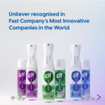 A display of Cif “Infinite Clean” spray bottles in purple, green and blue beneath a headline that reads, “Unilever recognised in Fast Company’s Most Innovative Companies in the World.”