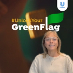 Knorr branding with the phrase “Unlock Your Green Flag” and a green leaf graphic displayed over a blurred background of food ingredients. A person in a light-coloured sweater is positioned in the foreground. The Unilever logo appears in the top-right corner.