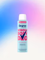 A can of Degree Whole Body Deo in the Rose & Waterlily variant, shown on a pink‑and‑blue gradient background.