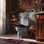 Cozy bathroom with blue toilet and wooden furniture.