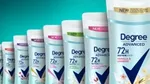 A row of Degree stick deodorants displaying our 72-hour protection technology sticker.
