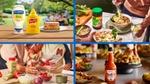 A collage of four food related scenes. One panel shows Hellmann’s Real Mayonnaise and French’s Classic Yellow Mustard next to a stacked sandwich on an outdoor table. Another shows bowls of noodle soup being served with a jar of Knorr seasoning on the table. A third panel shows food ingredients being prepared on a kitchen worktop. The final panel shows a bottle of Frank’s RedHot Original Cayenne Pepper Sauce on a counter with plated food and bread in the background.
