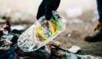 Gloved hand picking up discarded Sunlight plastic bottle from the ground for it to be collected and recycled.